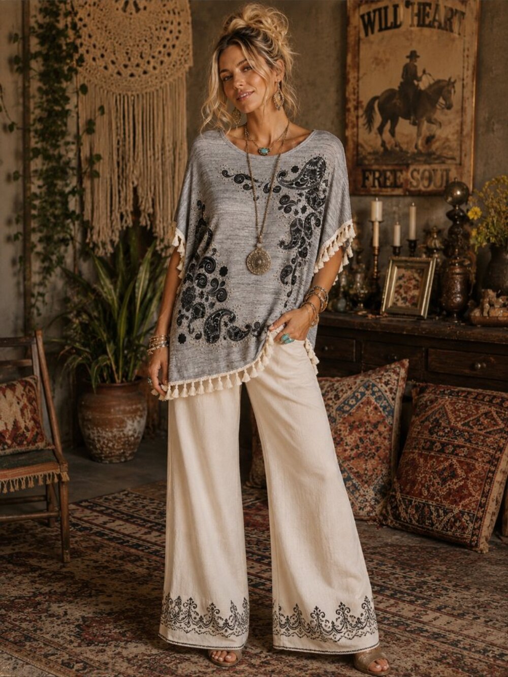 Vocal Gray Paisley Tassel-Hem Tunic with Cream Trim